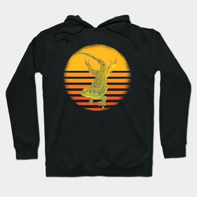 Lizard Chilling Hanging out Retro Sunset Background Hoodie by Rosemarie Guieb Designs